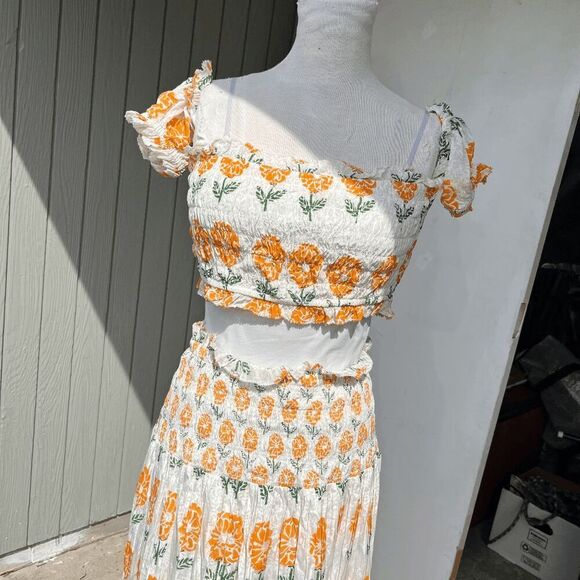 Ash & Eden 2-Piece Floral Maxi Skirt Set Boho Smocked Crop Top L - Picture 7 of 16